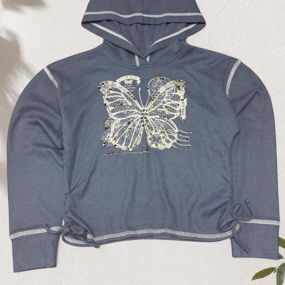 Knit Works Blue Butterfly Rhinestone Waffle Knit Hoodie Y2K Size L 14